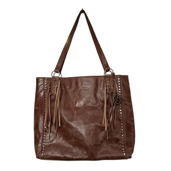 The Sak Montara Tan Leather Fringe Studded Boho Tote Handbag Shoulder Purse - Picture 1 of 15